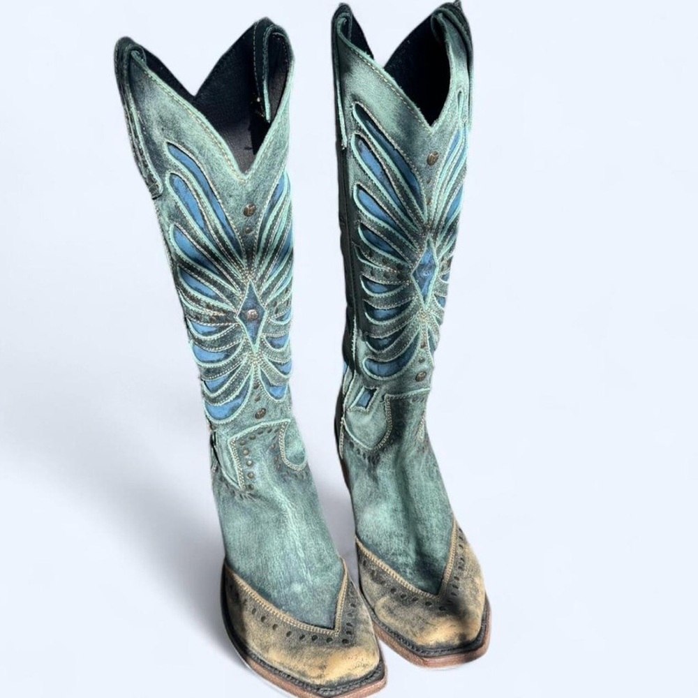 Liberty black  Teal and Brown Heeled Boots